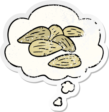 Düşünce baloncuklu çizgi film bademleri insan tarafından çizilmiş yıpranmış bir çıkartma gibi.