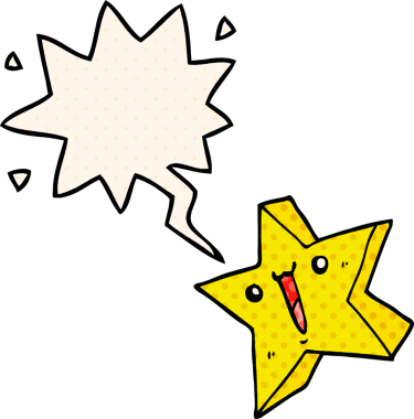 Bir insan tarafından çizilmiş çizgi roman tarzında konuşma balonu olan mutlu bir yıldız.