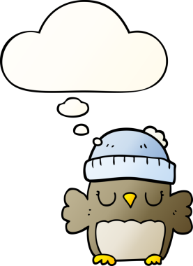 Bir insan tarafından çizilmiş yumuşak eğimli düşünce baloncuklu şapkalı sevimli çizgi film baykuşu.