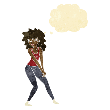 Bir insan tarafından çizilmiş düşünce balonuyla poz veren karikatür kadın.