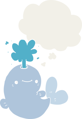 Bir insan tarafından çizilmiş düşünce baloncuğuyla su püskürten çizgi film balinası.