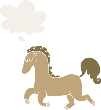 Düşünce baloncuğuyla koşan bir at insan tarafından çizilmiş.