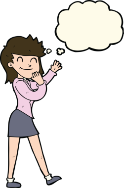 Bir insan tarafından çizilmiş düşünce baloncuğu olan mutlu bir iş kadını.