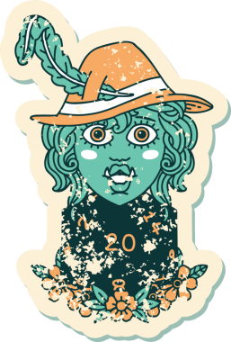 Retro Dövme Biçimi Yarı Ork Ozanı Bir insan tarafından çizilmiş 20 zar ile