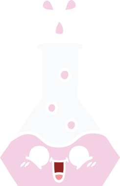 Bir insan tarafından çizilmiş bir bilim şişesinin düz renkli retro karikatürü