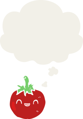 Düşünce baloncuğu olan, insan tarafından çizilmiş şirin bir domates.