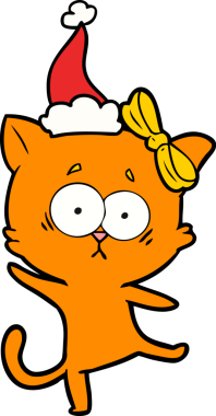 Bir insan tarafından çizilmiş Noel Baba şapkası takan bir kedinin çizimi.