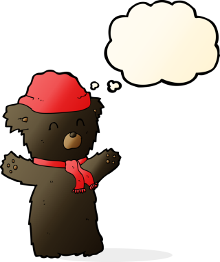 şapkalı ve atkılı şirin siyah ayı. Düşünce baloncuğu insan tarafından çizilmiş.