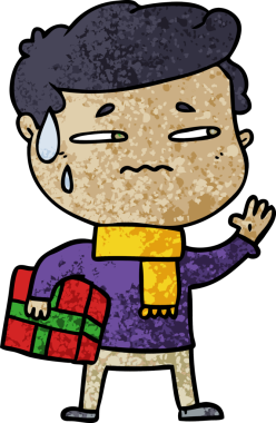 Bir insan tarafından çizilmiş Noel hediyeli endişeli bir adam.