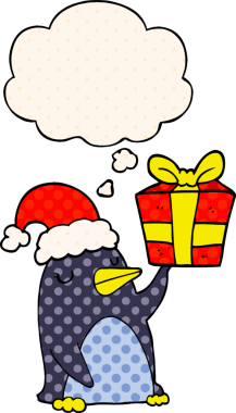 Çizgi roman tarzında bir insan tarafından çizilmiş düşünce baloncuğuyla noel hediyesi olan penguen çizgi filmi.