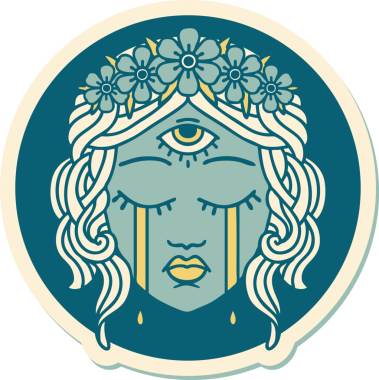 Geleneksel kadın yüzü stili dövme çıkartması. Bir insan tarafından çizilmiş mistik üçüncü göz.