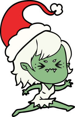 Bir insan tarafından çizilmiş Noel Baba şapkası takan vampir bir kızın çizimi.