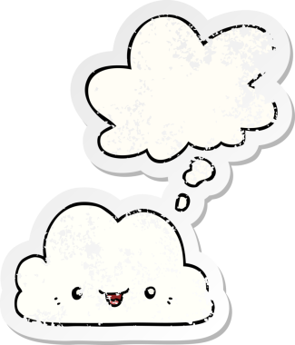 Düşünce baloncuğu olan sevimli çizgi film bulutu bir insan tarafından çizilmiş yıpranmış bir çıkartma gibi.