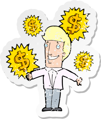 Bir insan tarafından çizilmiş bir karikatür satıcısının gerilimli çıkartması.