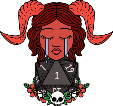 Retro Dövme Tarzı Ağlama Kiremit Karakteri Bir insan tarafından çizilmiş doğal bir D20 zar ile