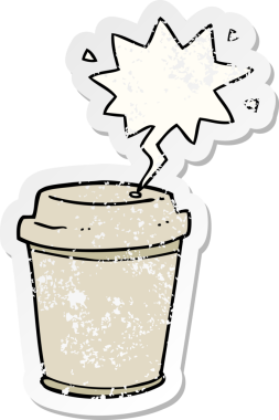 Bir insan tarafından çizilmiş, sıkıntılı eski bir çıkartma olan, konuşma balonlu çizgi film kahve fincanı.