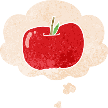Düşünce baloncuklu çizgi film elması grunge sıkıntılı retro desenli bir insan tarafından çizilmiş