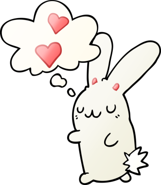 Düşünce baloncuğuna aşık çizgi film tavşanı bir insan tarafından çizilmiş.