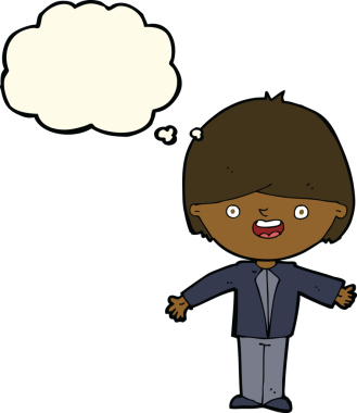 Bir insan tarafından çizilmiş düşünce baloncuğuyla kolları açık mutlu çocuk çizgi filmi.