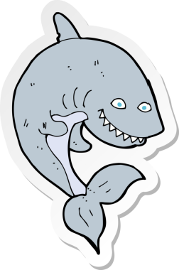 Bir insan tarafından çizilmiş karikatür köpekbalığı etiketi.