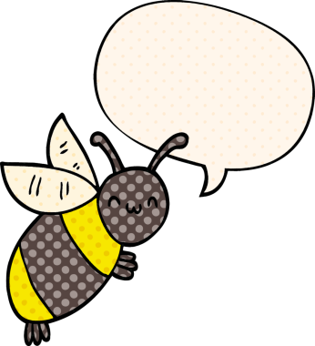 Bir insan tarafından çizilmiş çizgi roman tarzında konuşma balonu olan sevimli çizgi film arısı.