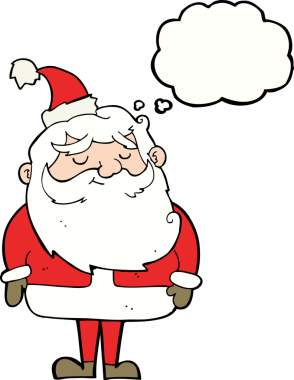 Bir insan tarafından çizilmiş düşünce baloncuklu Noel Baba çizgi filmi.