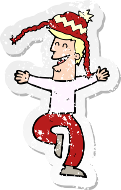 Bir insan tarafından çizilmiş kış şapkası giyen bir çizgi film karakterinin gerilimli retro çıkartması.