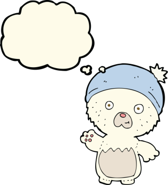 şapkalı şirin oyuncak ayı ve bir insan tarafından çizilmiş düşünce balonu.