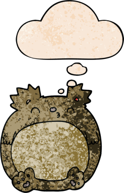 Bir insan tarafından çizilmiş grunge desenli düşünce baloncuklu çizgi film ayısı.