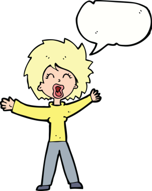 Bir insan tarafından çizilmiş konuşma balonuyla bağıran karikatür kadın.