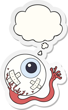 Bir insan tarafından çizilmiş bir çıkartma olarak düşünce baloncuklu çizgi film yaralı göz.