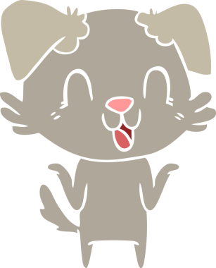 Gülen düz renkli çizgi film köpeği bir insan tarafından çizilmiş omuzlarını silkiyor.