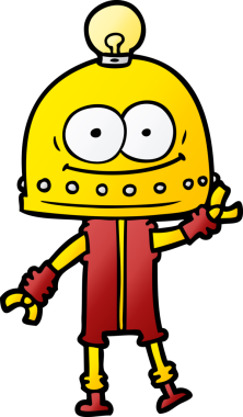 Bir insan tarafından çizilmiş ampullü mutlu karton robot.