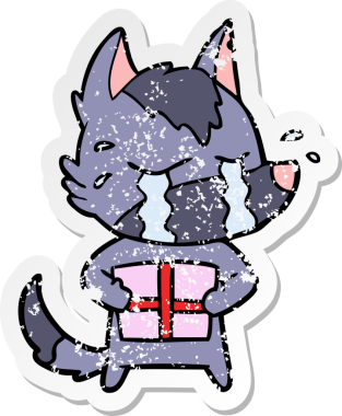 Bir insan tarafından çizilmiş Noel hediyeli, ağlayan bir karikatür çıkartması.