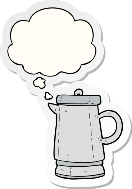 İnsan tarafından çizilmiş bir çıkartma olarak düşünce baloncuklu eski bir çaydanlık.