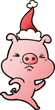 Bir insan tarafından çizilmiş Noel Baba şapkası giymiş kızgın bir domuzun el çizimi karikatürü.