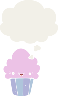 Yüzünde düşünce kabarcığı olan bir insan tarafından çizilmiş bir kek.