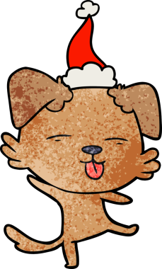 Bir insan tarafından çizilmiş Noel Baba şapkası giymiş dans eden bir köpeğin el çizimi karikatürü.