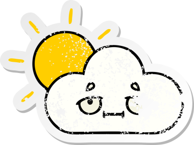 Sevimli bir çizgi film yıldızının sıkıntılı çıkartması ve bir insan tarafından çizilmiş bulut.