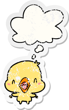 Düşünce baloncuğu olan mutlu çizgi film kuşu insan tarafından çizilmiş yıpranmış bir çıkartma gibi.