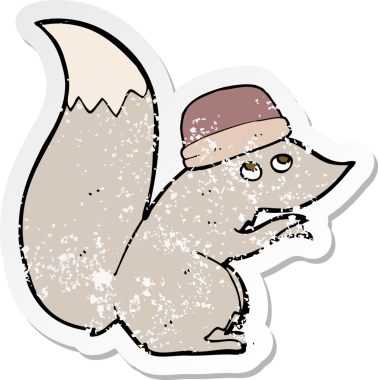 Bir insanın çizdiği şapkayı takan bir sincabın gerilemiş retro çıkartması.