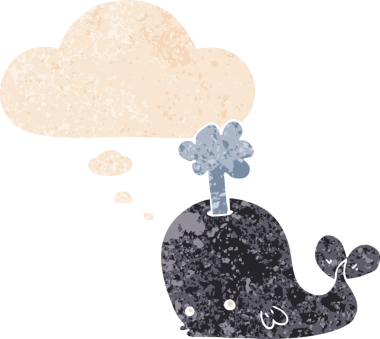 Düşünce baloncuklu çizgi film balinası grunge sıkıntılı retro dokulu bir insan tarafından çizilmiş