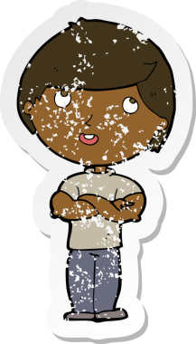 Bir insan tarafından katlanmış kollu mutlu bir adamın karikatür yapıştırması.