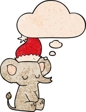 Düşünce baloncuğu olan şirin bir noel fili. Bir insan tarafından çizilmiş grunge desenli.