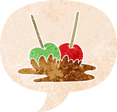 bir insan tarafından çizilmiş grunge sıkıntılı retro stili konuşma baloncuklu karikatür elmaları