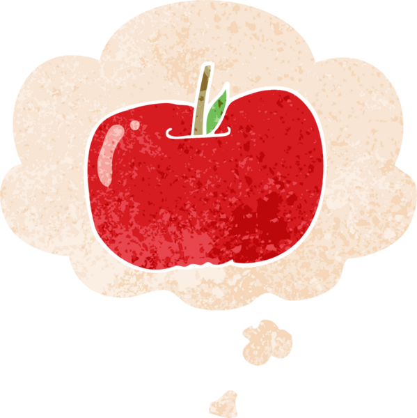 Düşünce baloncuklu çizgi film elması grunge sıkıntılı retro desenli bir insan tarafından çizilmiş