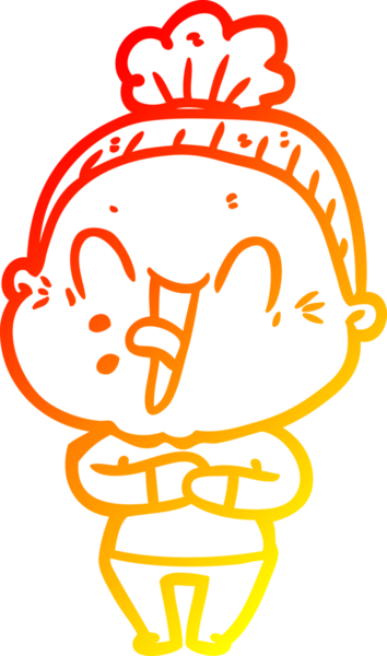 Bir insan tarafından çizilmiş mutlu, yaşlı bir kadının sıcak çizgi çizimi.