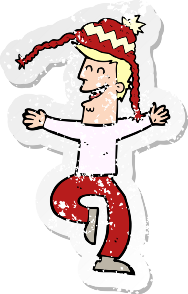 Bir insan tarafından çizilmiş kış şapkası giyen bir çizgi film karakterinin gerilimli retro çıkartması.