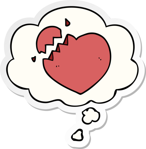 İnsan tarafından çizilmiş bir çıkartma gibi düşünce baloncuğuyla kırık bir kalp.
