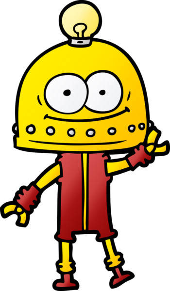 Bir insan tarafından çizilmiş ampullü mutlu karton robot.